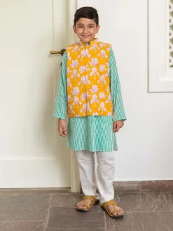 Set of 3 - Adwait Organic Cotton Block Printed Long Kurta with Jacket