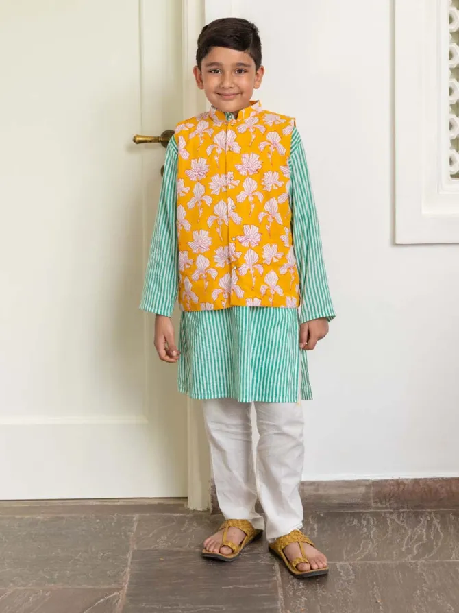 Set of 3 - Adwait Organic Cotton Block Printed Long Kurta with Jacket