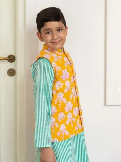 Set of 3 - Adwait Organic Cotton Block Printed Long Kurta with Jacket