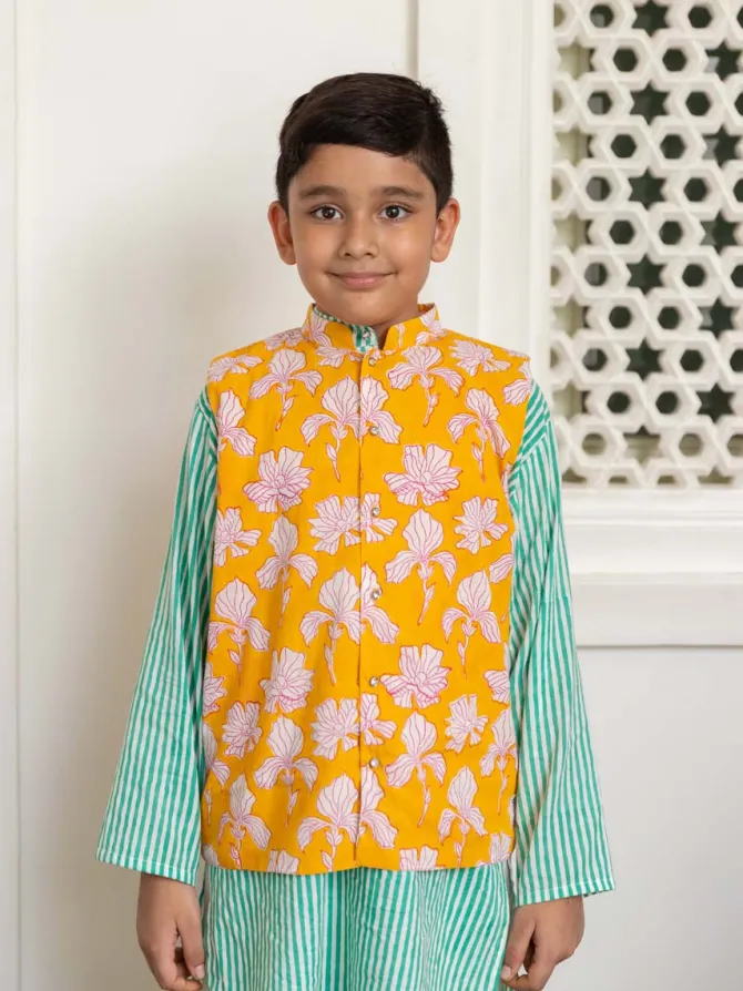 Set of 3 - Adwait Organic Cotton Block Printed Long Kurta with Jacket