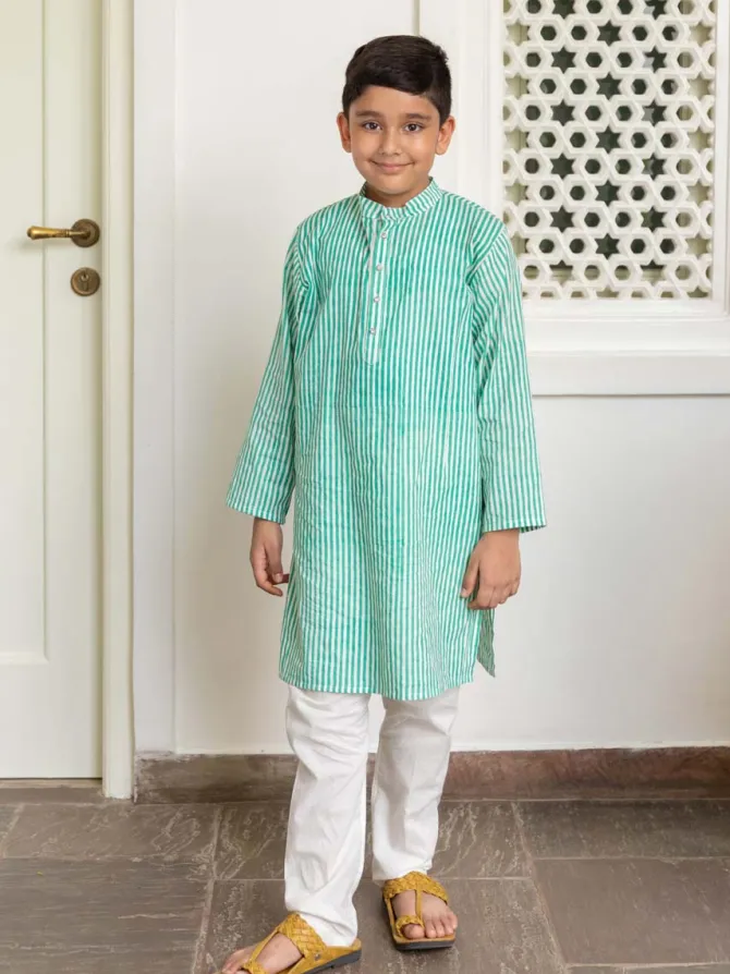 Set of 3 - Adwait Organic Cotton Block Printed Long Kurta with Jacket
