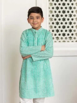 Set of 3 - Adwait Organic Cotton Block Printed Long Kurta with Jacket