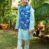 Set of 3 - Blue Sky Block Printed Kurta With Jacket