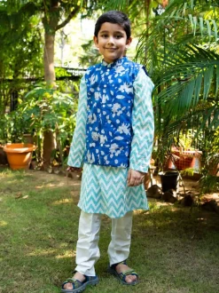 Set of 3 - Blue Sky Block Printed Kurta With Jacket