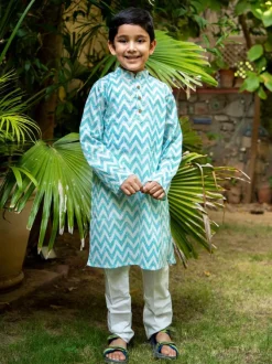 Set of 3 - Blue Sky Block Printed Kurta With Jacket