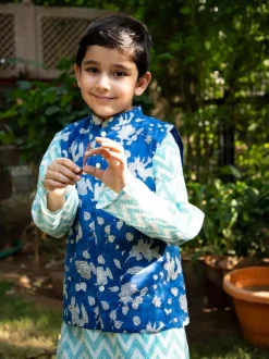 Set of 3 - Blue Sky Block Printed Kurta With Jacket