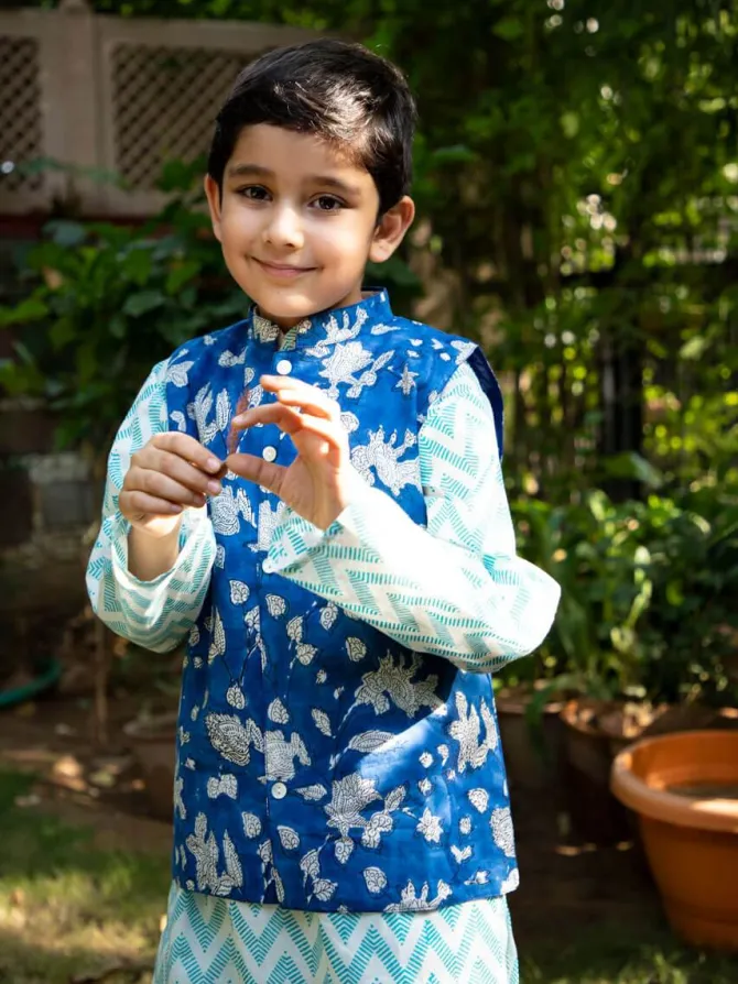 Set of 3 - Blue Sky Block Printed Kurta With Jacket
