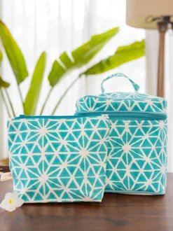 Set of 2 - Blue Star Block Printed Vanity Case and Travel Pouch