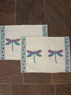 Set of 2 - Dragonfly Block Printed Waffle Hand Towels