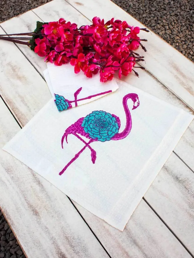 Set of 2 - Flamingo Block Printed Waffle Face Towels