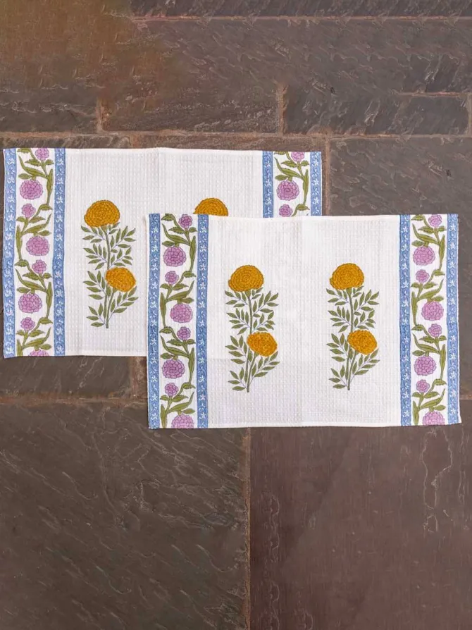 Set of 2 - Golden Bloom Block Printed Hand Towels