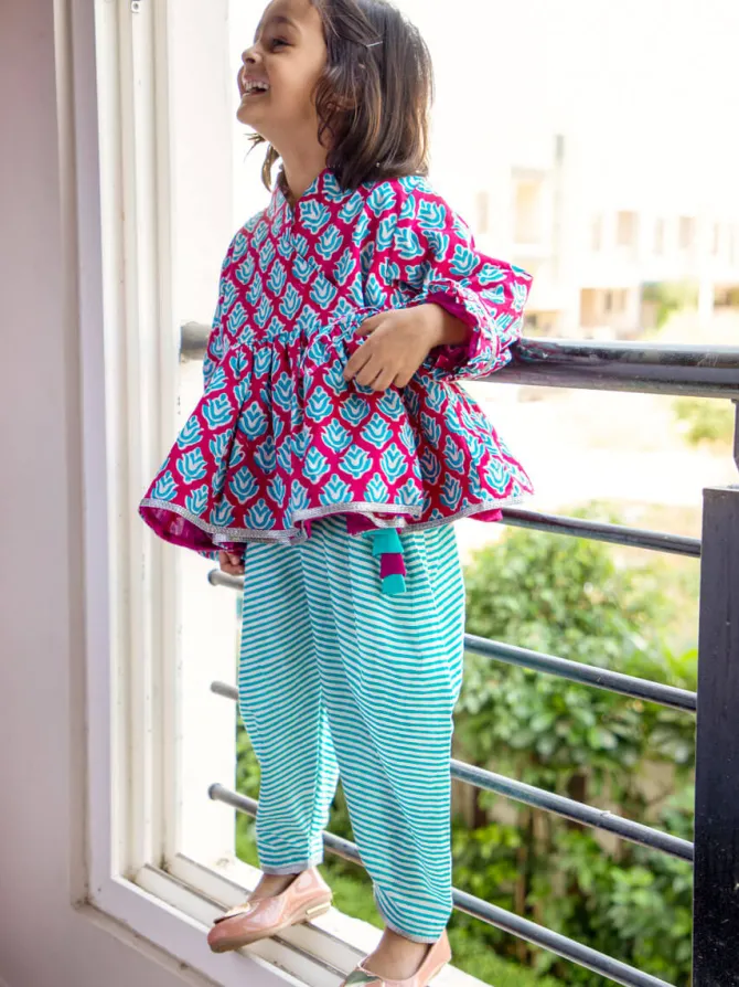 Set of 2 - Gulaabi Block Printed Cotton Angrakha Dhoti