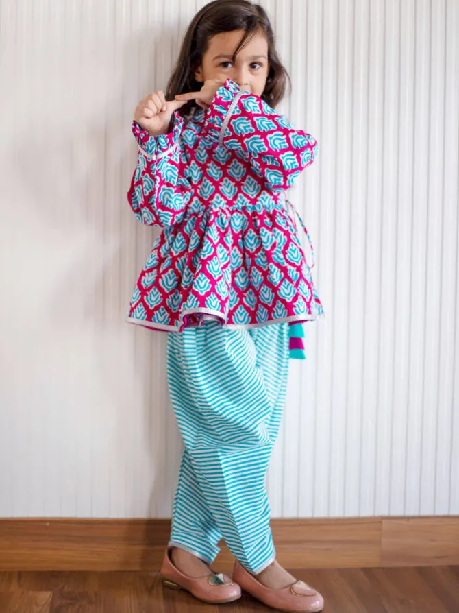Set of 2 - Gulaabi Block Printed Cotton Angrakha Dhoti