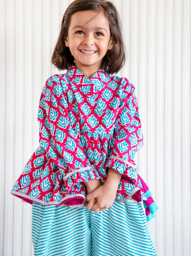 Set of 2 - Gulaabi Block Printed Cotton Angrakha Dhoti