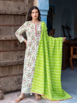 Set of 3 - Gulnaz Cotton Kurta, Palazzo and Dupatta