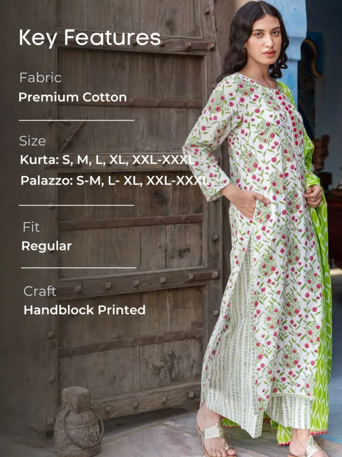 Set of 3 - Gulnaz Cotton Kurta, Palazzo and Dupatta