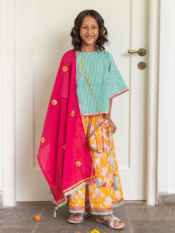 Set of 3 - Kashish Block Printed Cotton Lehanga