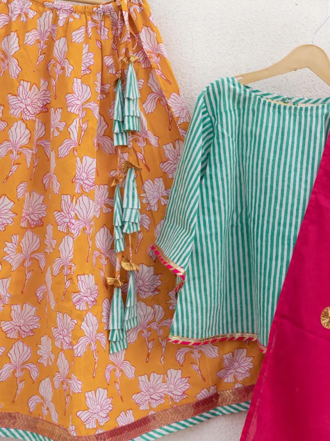 Set of 3 - Kashish Block Printed Cotton Lehanga
