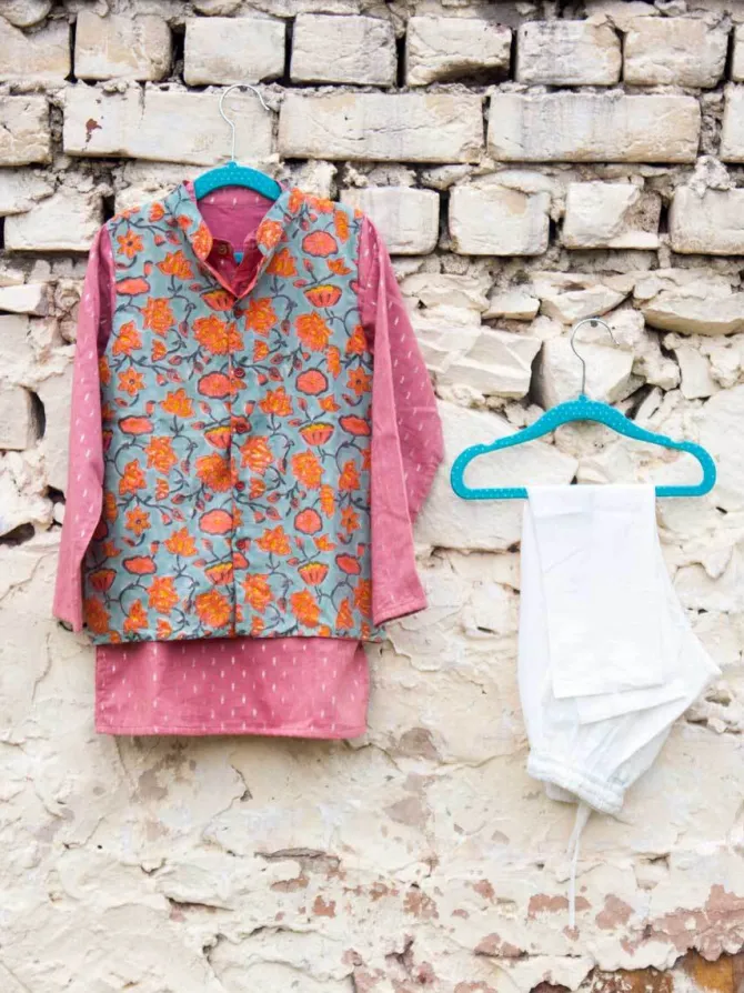 Set of 3 - Nihaar Block Printed Kurta With Jacket