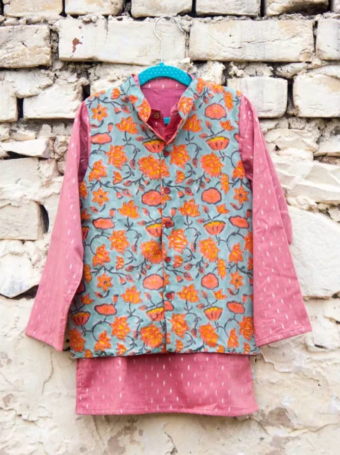 Set of 3 - Nihaar Block Printed Kurta With Jacket