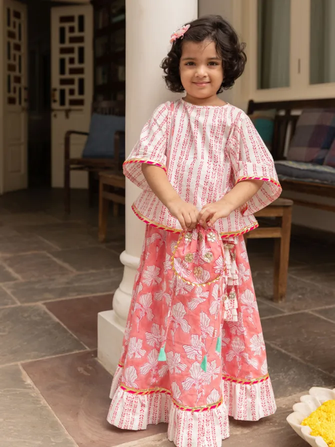 Set of 3 - Nurvi Block Printed Cotton Lehanga