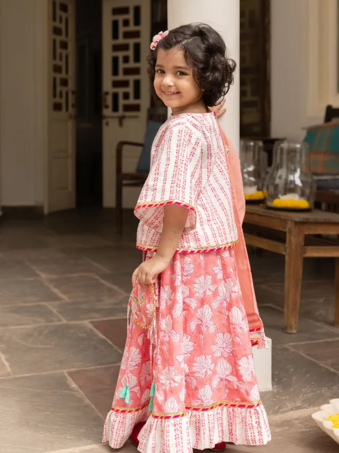 Set of 3 - Nurvi Block Printed Cotton Lehanga