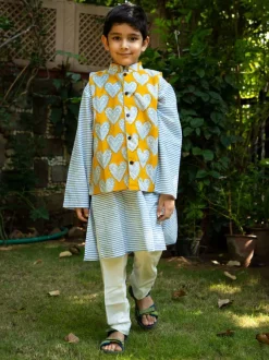 Set of 3 - Sunshine Love Block Printed Kurta With Jacket