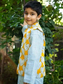 Set of 3 - Sunshine Love Block Printed Kurta With Jacket