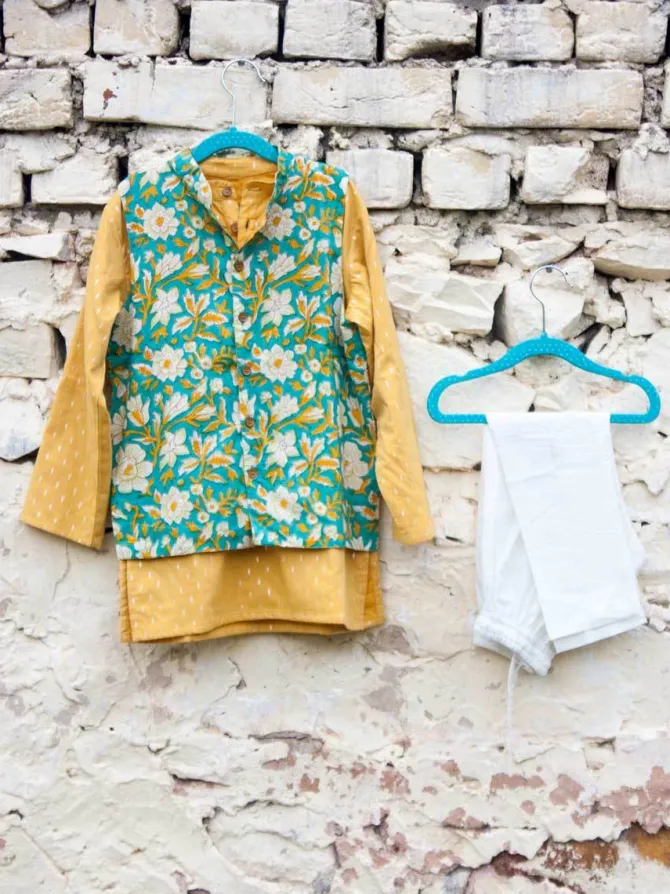 Set of 3 - Tarang Block Printed Kurta With Jacket
