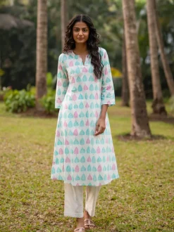 Set of 2 -Aesha Cotton Long Kurta With Pants