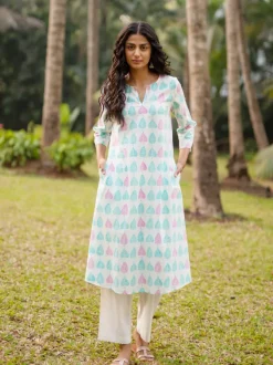 Set of 2 -Aesha Cotton Long Kurta With Pants