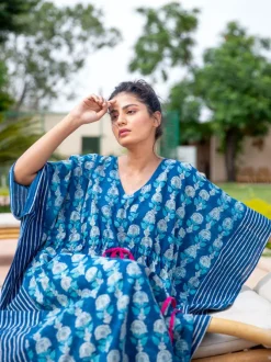 Siyahi Indigo Hand Printed Cotton Kaftan