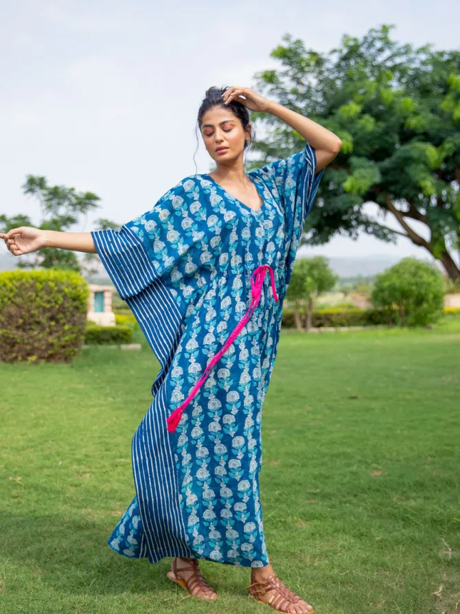 Siyahi Indigo Hand Printed Cotton Kaftan