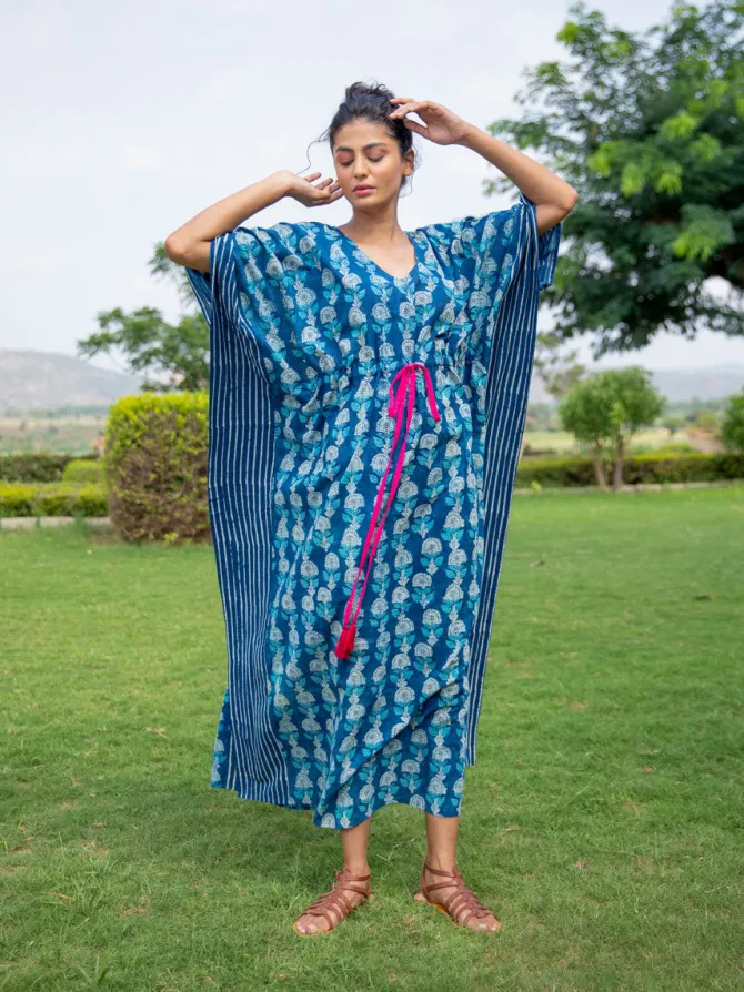 Siyahi Indigo Hand Printed Cotton Kaftan