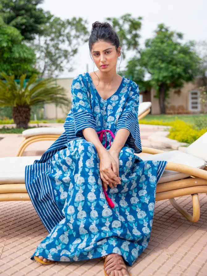 Siyahi Indigo Hand Printed Cotton Kaftan