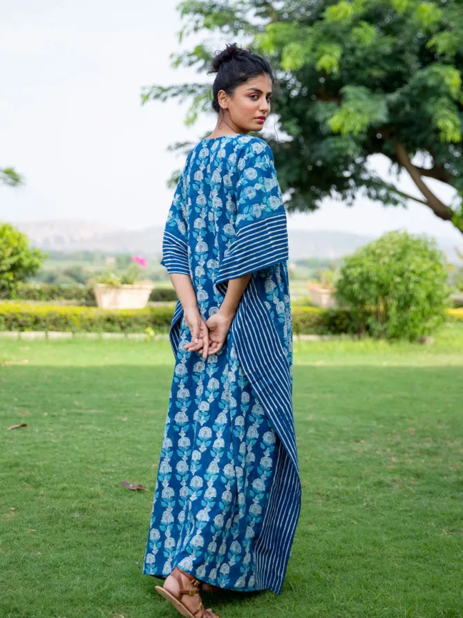Siyahi Indigo Hand Printed Cotton Kaftan
