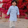 Sky Blue Stripes Organic Cotton Block Printed Long Kurta