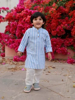 Sky Blue Stripes Organic Cotton Block Printed Long Kurta