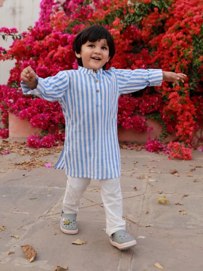Sky Blue Stripes Organic Cotton Block Printed Long Kurta