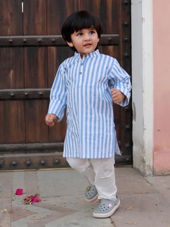Sky Blue Stripes Organic Cotton Block Printed Long Kurta