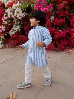 Sky Blue Stripes Organic Cotton Block Printed Long Kurta