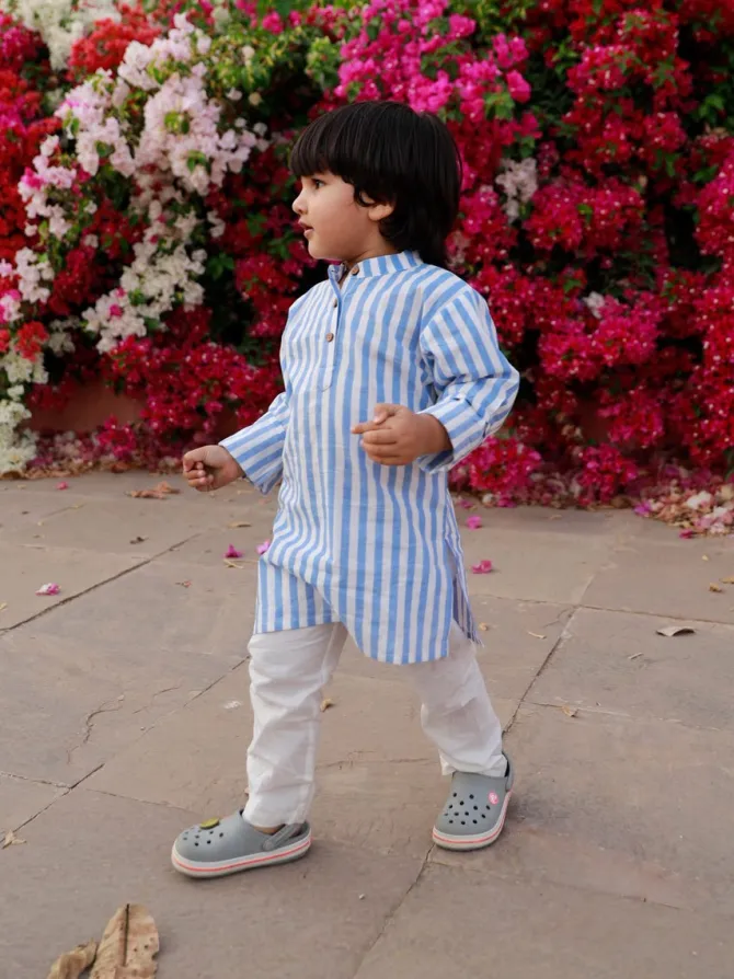 Sky Blue Stripes Organic Cotton Block Printed Long Kurta