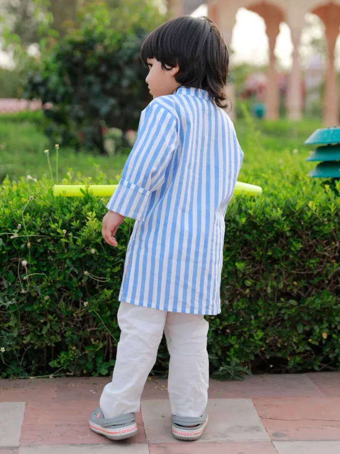Sky Blue Stripes Organic Cotton Block Printed Long Kurta