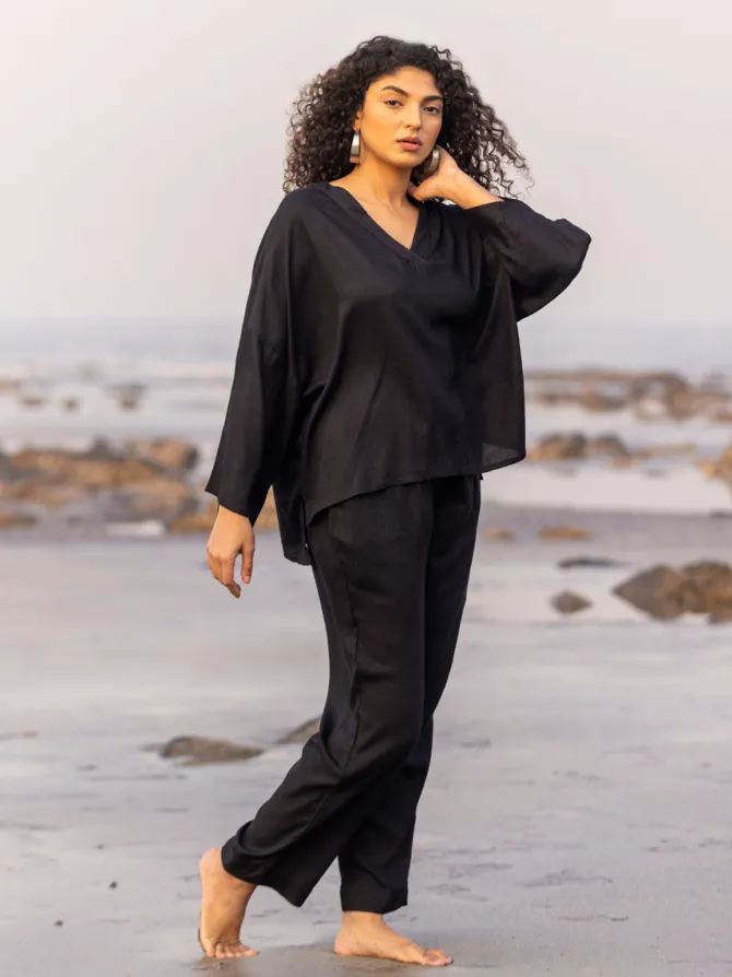 Solid Black Slub Trousers