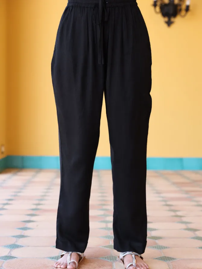 Solid Black Slub Trousers