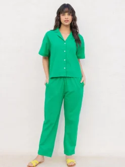 Solid Green Cotton Folded Pants