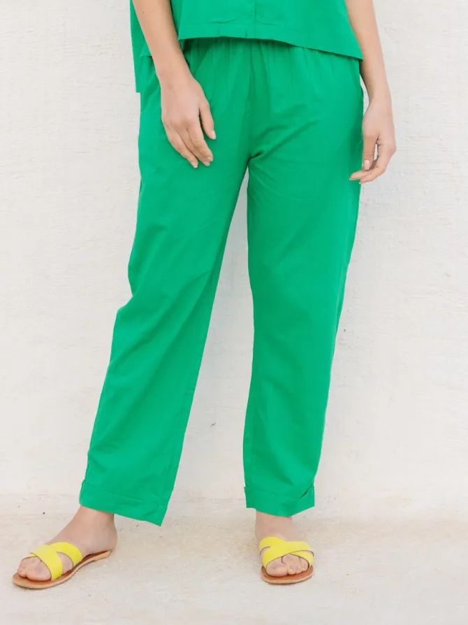 Solid Green Cotton Folded Pants