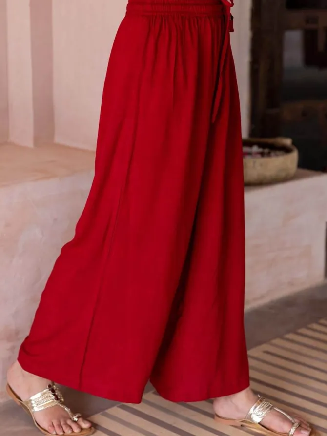 Solid Red Slub Palazzo Pants
