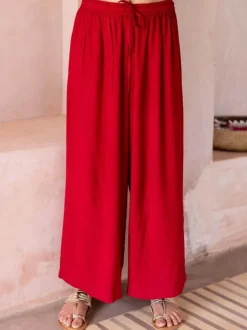 Solid Red Slub Palazzo Pants