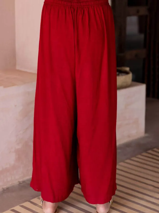 Solid Red Slub Palazzo Pants